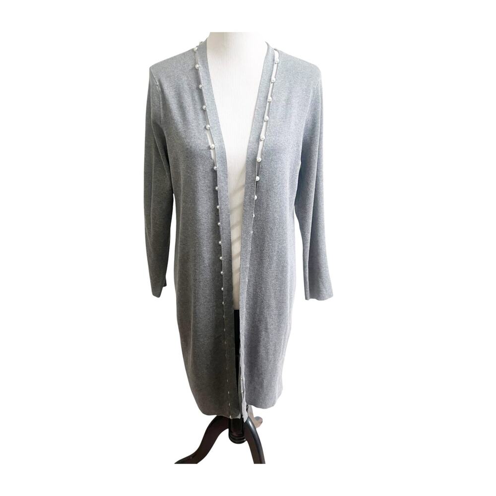 Chico's Cardigan Womens Size 1 Gray Knit Delicate Pearl Embellishment Open Front